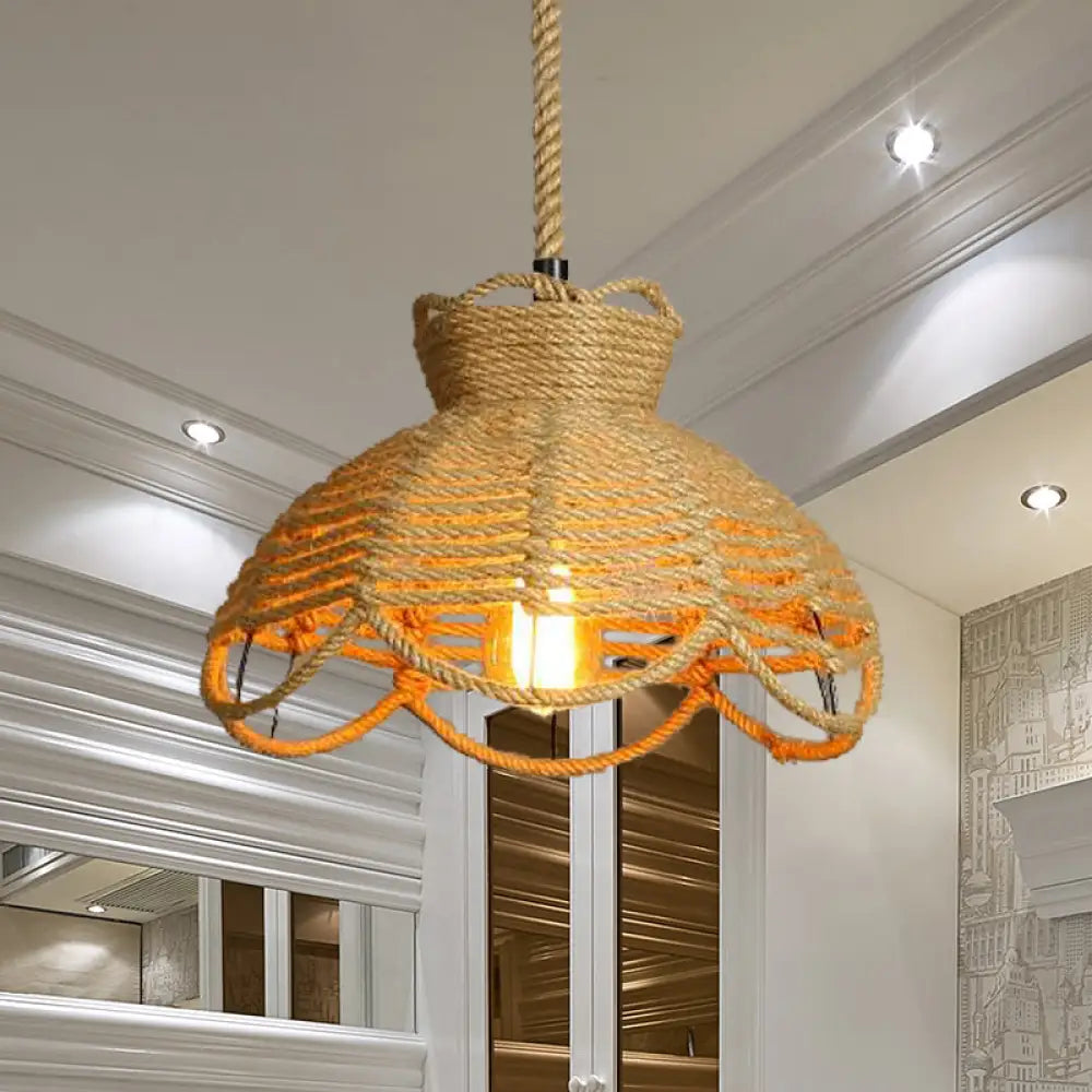 Farmhouse Rope Hanging Ceiling Lamp With Flower Basket Design - Beige
