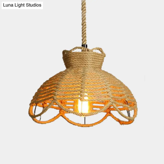 Farmhouse Rope Hanging Ceiling Lamp With Flower Basket Design - Beige