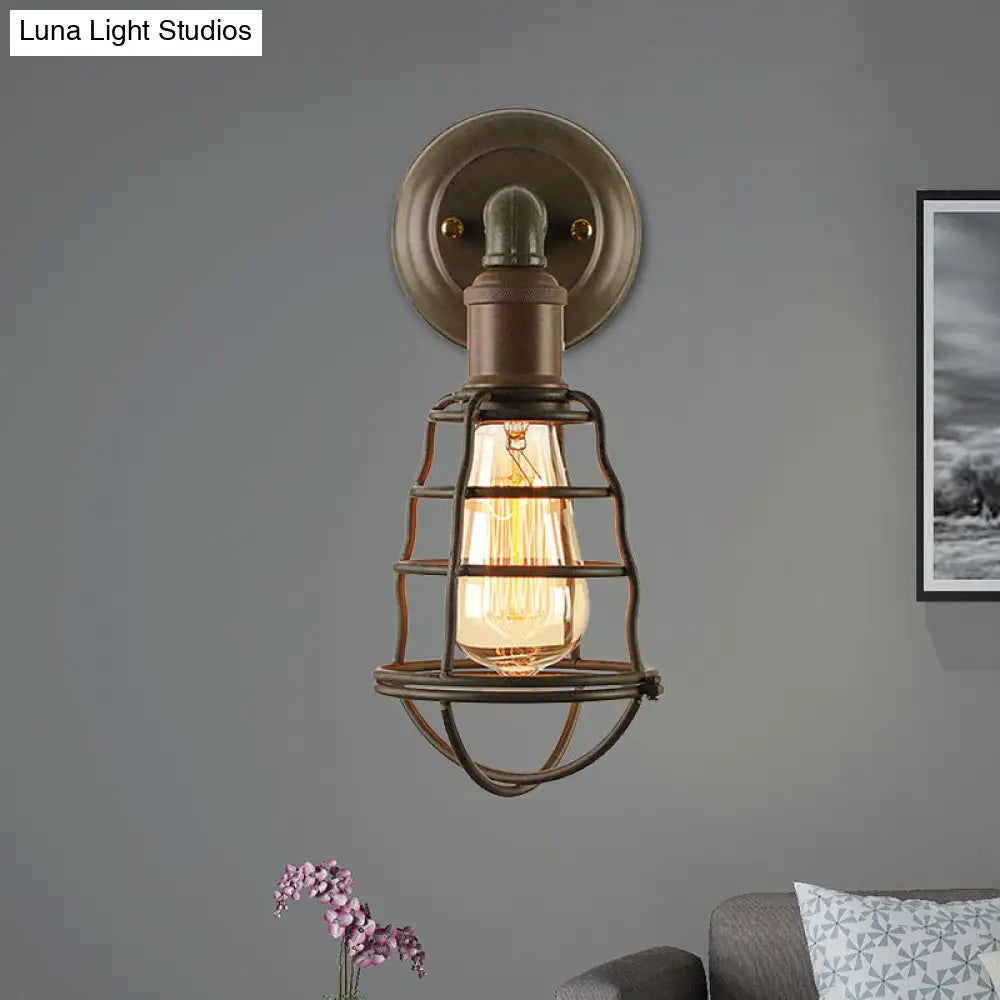 Farmhouse Rust Finish Mini Wall Lamp With Cage Shade - Antique Style Iron 1-Light Mount Lighting