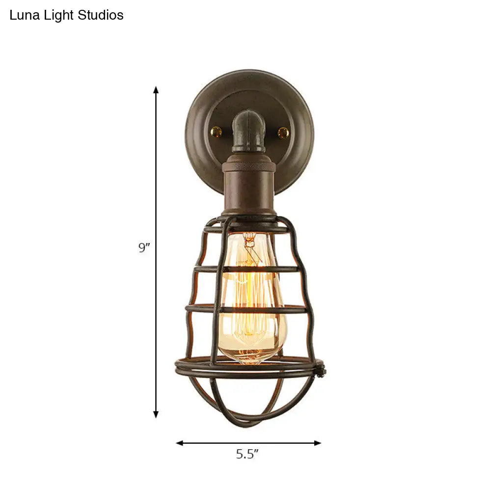 Farmhouse Rust Finish Mini Wall Lamp With Cage Shade - Antique Style Iron 1-Light Mount Lighting