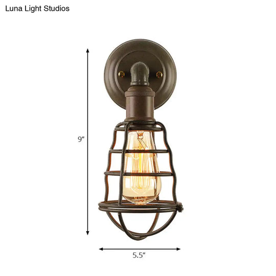 Farmhouse Rust Finish Mini Wall Lamp With Cage Shade - Antique Style Iron 1-Light Mount Lighting