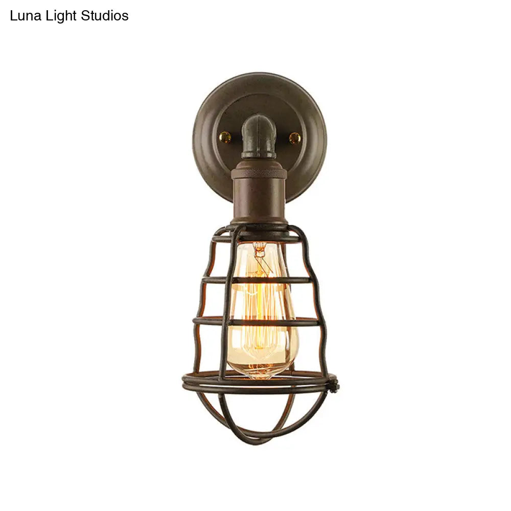 Farmhouse Rust Finish Mini Wall Lamp With Cage Shade - Antique Style Iron 1-Light Mount Lighting