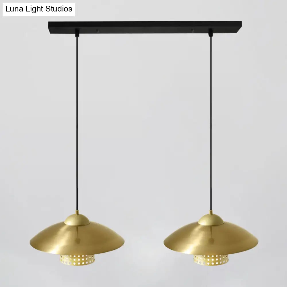 Farmhouse Saucer Pendant Lamp - 2-Light Black/White/Gold Metallic Suspension With Pierced Bell