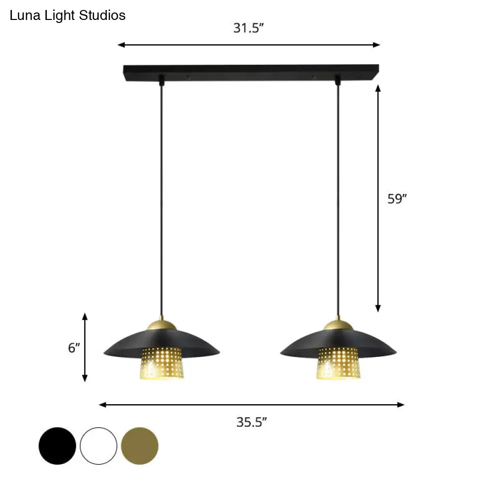 Farmhouse Saucer Cluster Pendant With Metallic Suspension And Bell Insert - 2-Light Black/White/Gold
