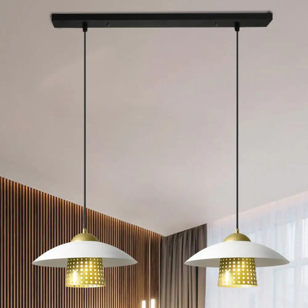 Farmhouse Saucer Pendant Lamp - 2-Light Black/White/Gold Metallic Suspension With Pierced Bell