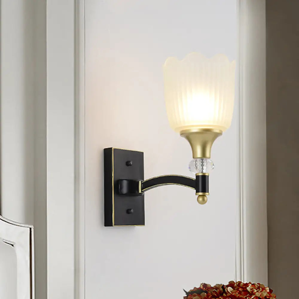 Farmhouse Scalloped Floral Wall Sconce With Opal Glass Shades - Black And Gold Finish 1 /