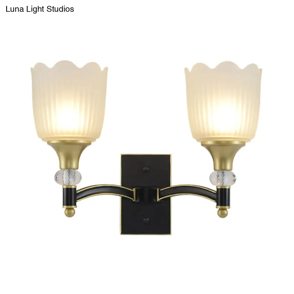 Farmhouse Scalloped Floral Wall Sconce With Opal Glass Shades - Black And Gold Finish