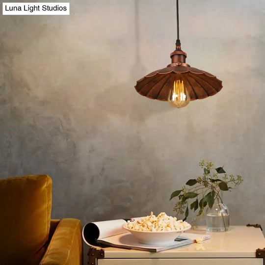 Iron Farmhouse Style Hanging Ceiling Light With Scalloped Shade