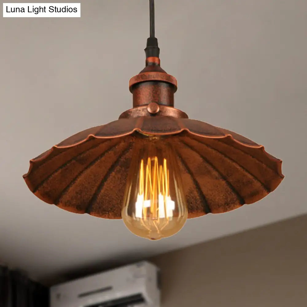 Iron Farmhouse Style Hanging Ceiling Light With Scalloped Shade Rust