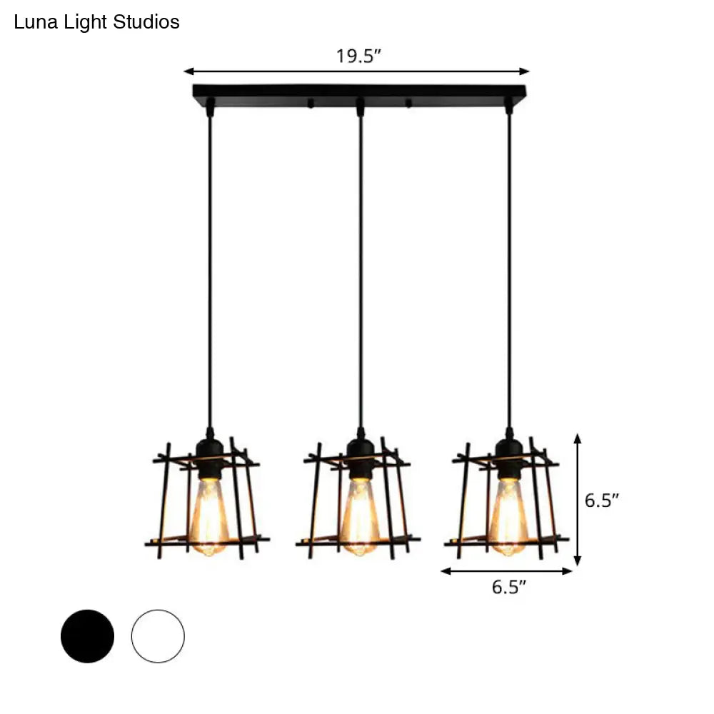 Farmhouse 3-Light Square Cage Hanging Pendant In Black/White For Dining Room