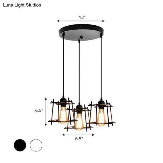 Farmhouse 3-Light Square Cage Hanging Pendant In Black/White For Dining Room