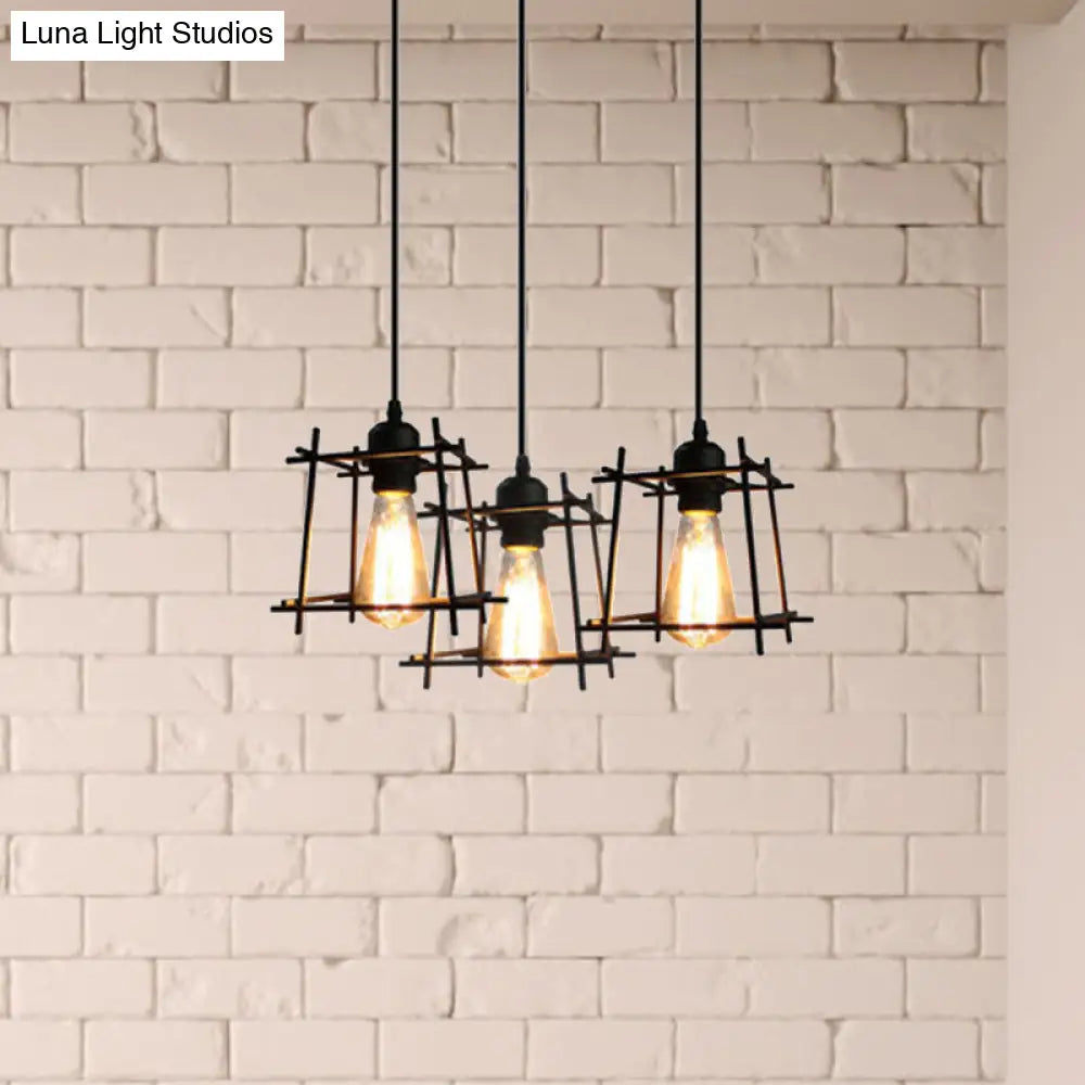 Farmhouse Square Cage Hanging Light - 3-Light Metal Pendant In Black/White For Dining Room