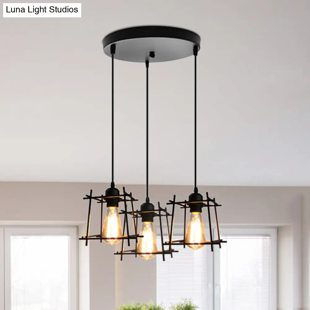 Farmhouse Square Cage Hanging Light - 3-Light Metal Pendant In Black/White For Dining Room