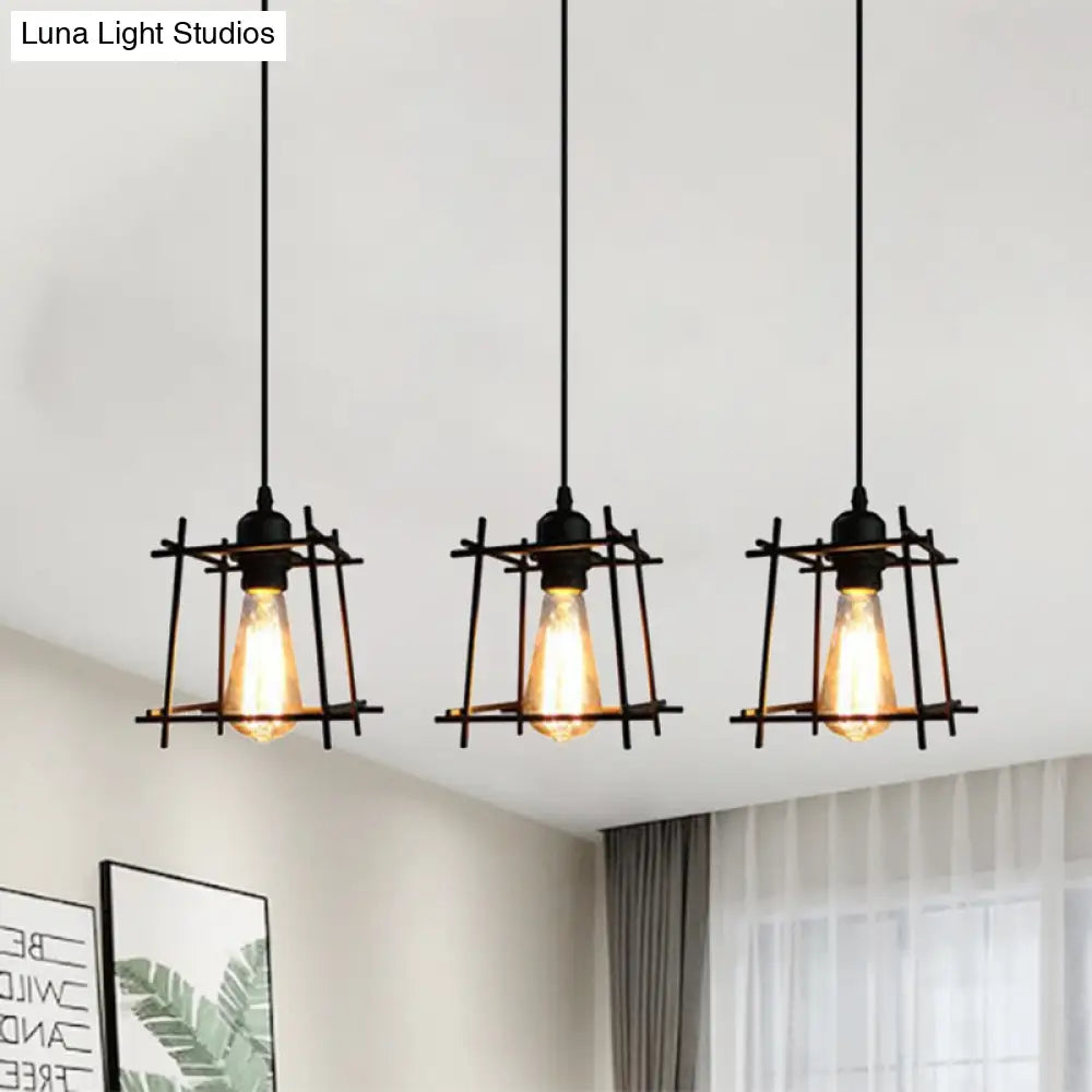 Farmhouse Square Cage Hanging Light - 3-Light Metal Pendant In Black/White For Dining Room