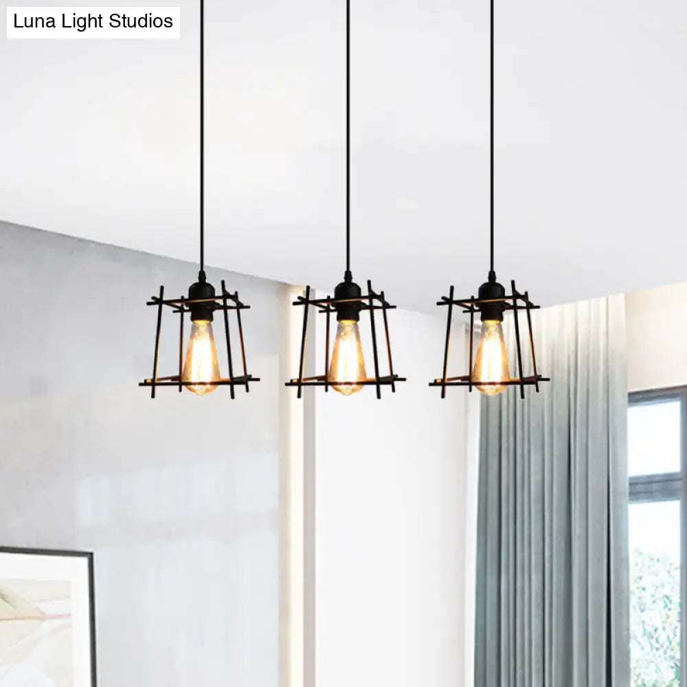 Farmhouse Square Cage Hanging Light - 3-Light Metal Pendant In Black/White For Dining Room