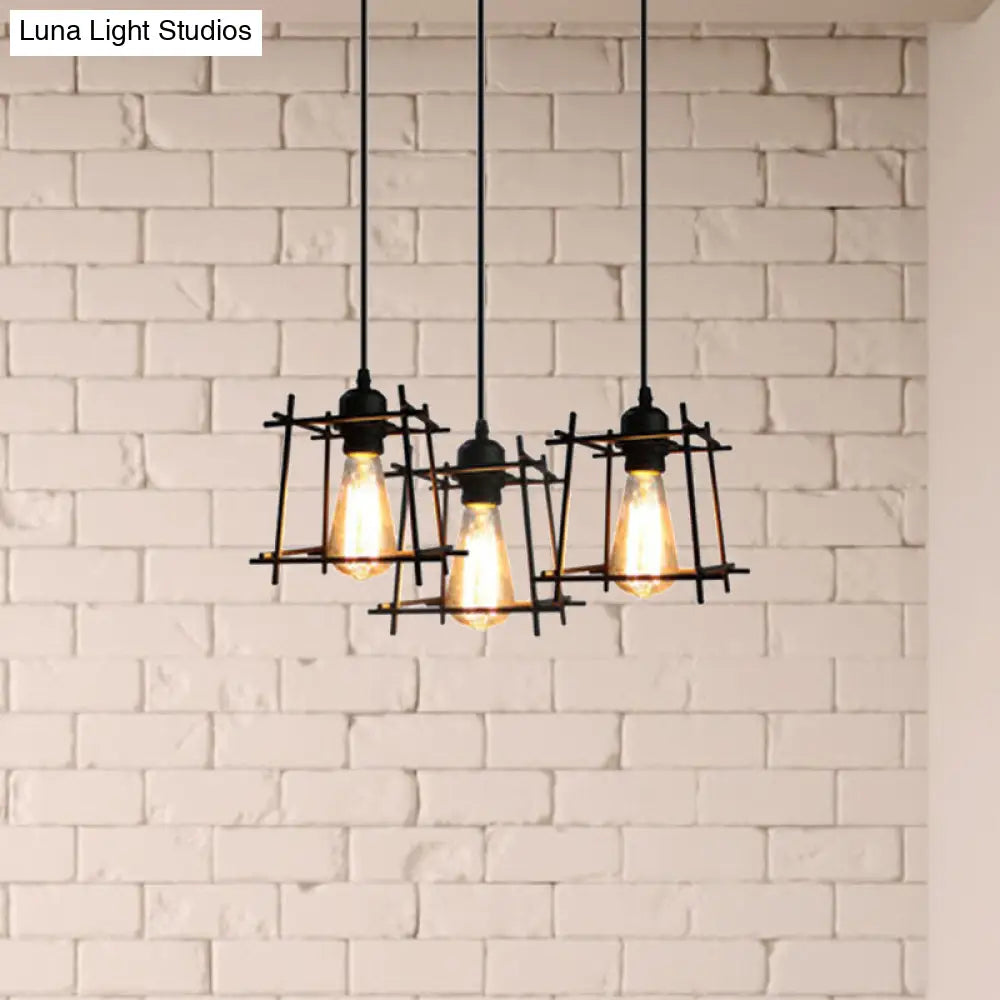 Farmhouse 3-Light Square Cage Hanging Pendant In Black/White For Dining Room