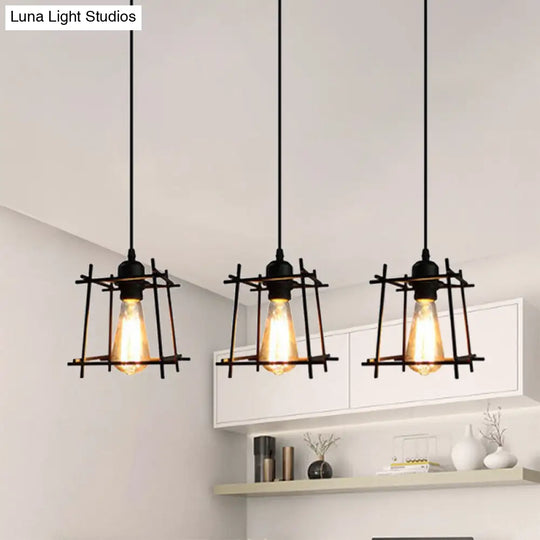 Farmhouse 3-Light Square Cage Hanging Pendant In Black/White For Dining Room Black / Linear