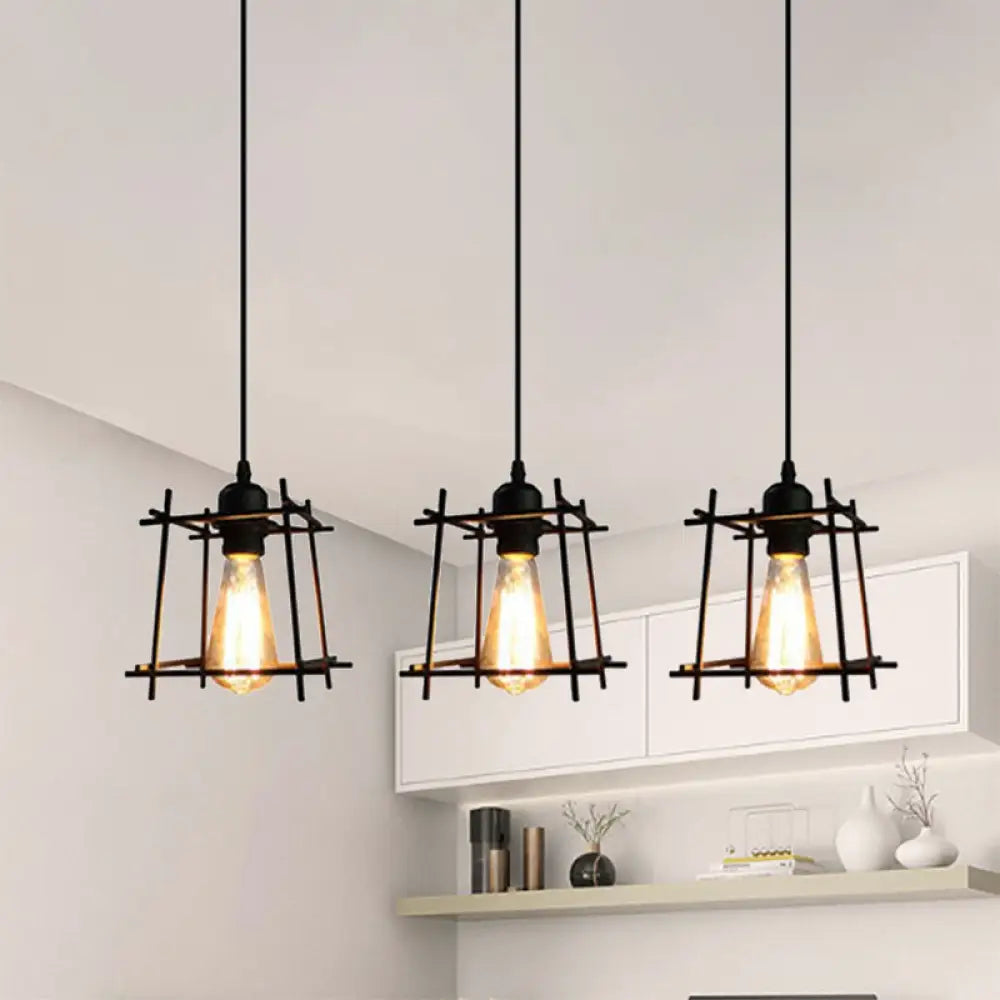 Farmhouse Square Cage Hanging Light - 3-Light Metal Pendant In Black/White For Dining Room Black /