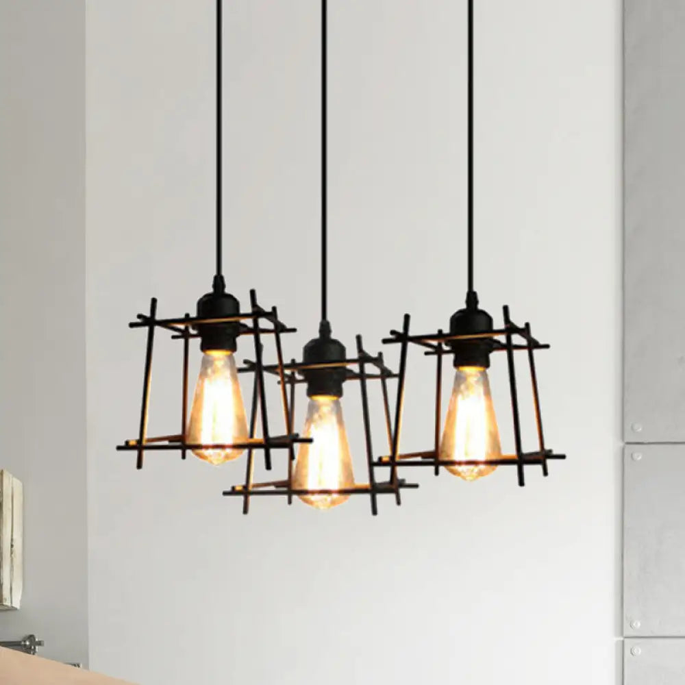 Farmhouse Square Cage Hanging Light - 3-Light Metal Pendant In Black/White For Dining Room Black /