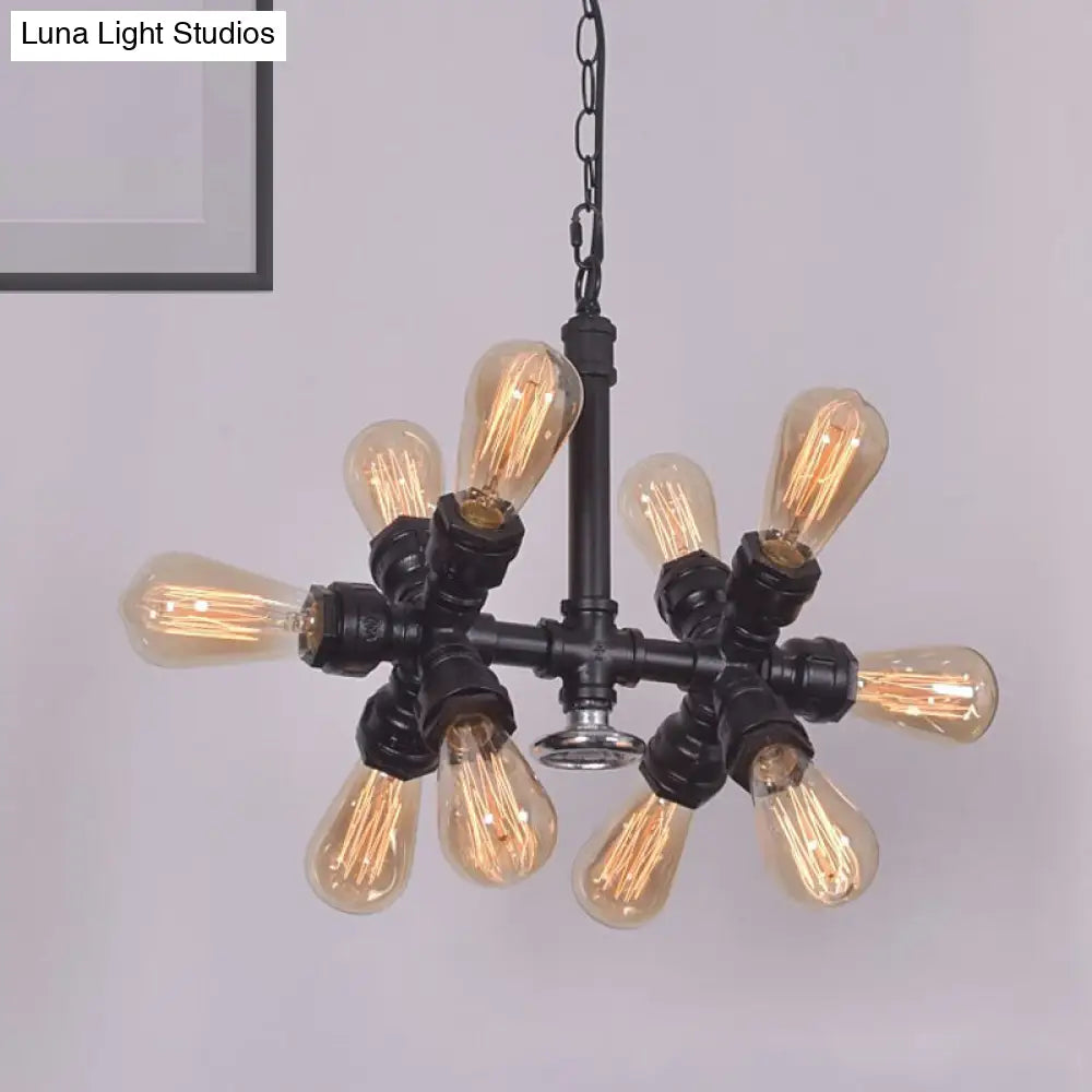 Farmhouse Style Black Metal Chandelier - 10 Heads Exposed Bulb Pendant Lamp With Sputnik Design