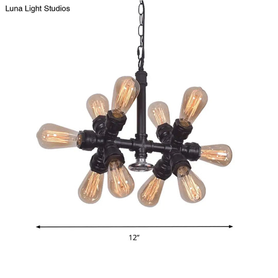 Farmhouse Style 10-Head Black Pendant Lamp With Exposed Bulbs And Sputnik Design