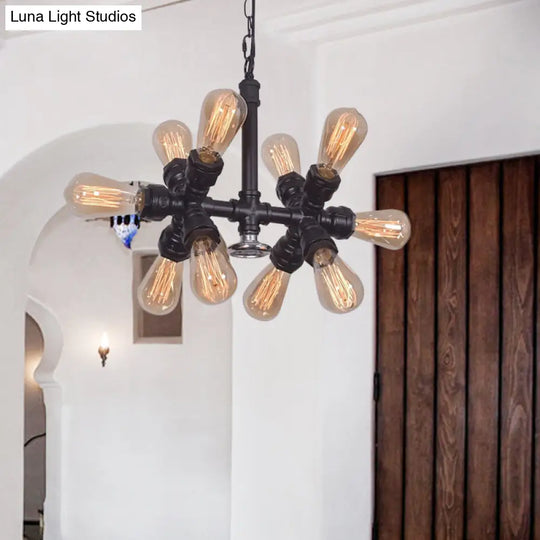 Farmhouse Style 10-Head Black Pendant Lamp With Exposed Bulbs And Sputnik Design