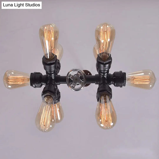 Farmhouse Style 10-Head Black Pendant Lamp With Exposed Bulbs And Sputnik Design