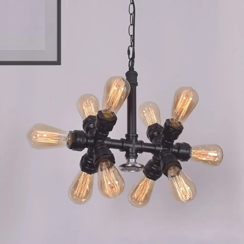 Farmhouse Style 10-Head Black Pendant Lamp With Exposed Bulbs And Sputnik Design