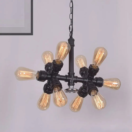 Farmhouse Style 10-Head Black Pendant Lamp With Exposed Bulbs And Sputnik Design