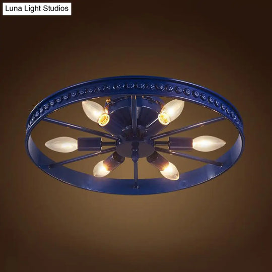 Farmhouse-Style 6-Head Semi Flush Ceiling Light - Metallic Wheel Shade Lamp In Black/Bronze For