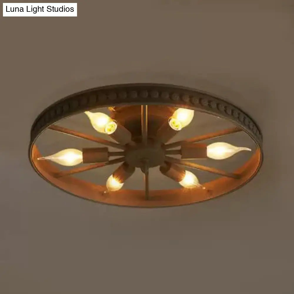 Farmhouse-Style 6-Head Semi Flush Ceiling Light - Metallic Wheel Shade Lamp In Black/Bronze For