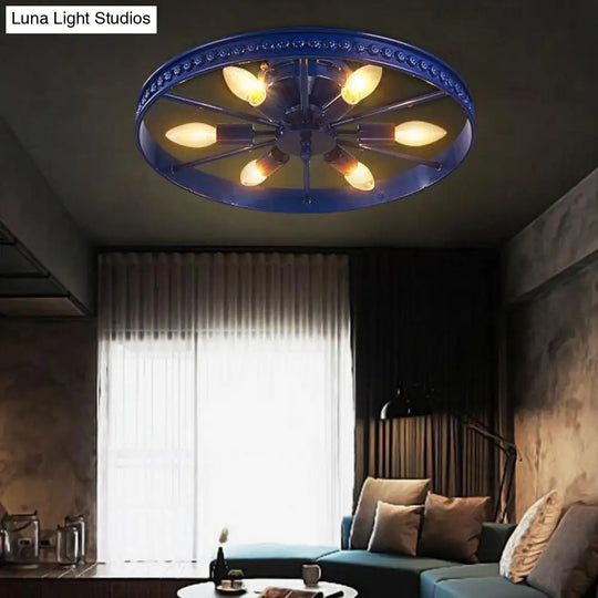 Farmhouse-Style 6-Head Semi Flush Ceiling Light - Metallic Wheel Shade Lamp In Black/Bronze For