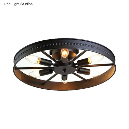 Farmhouse-Style 6-Head Semi Flush Ceiling Light - Metallic Wheel Shade Lamp In Black/Bronze For