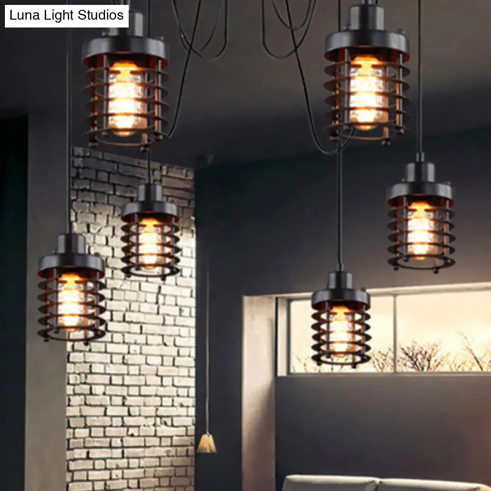 Farmhouse Style 6-Light Iron Ceiling Lighting Fixture With Black Cylinder Cage Shade For Bedroom