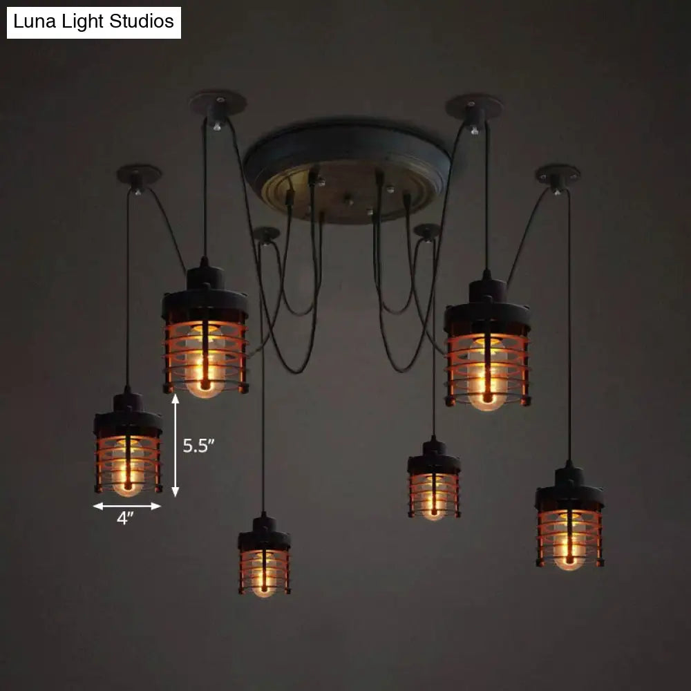 Farmhouse Style 6-Light Iron Ceiling Lighting Fixture With Black Cylinder Cage Shade For Bedroom
