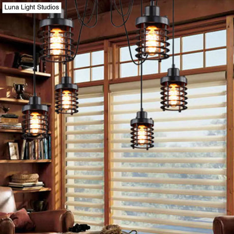 Farmhouse Style 6-Light Black Iron Ceiling Fixture With Cylinder Cage Shade And Spider Design