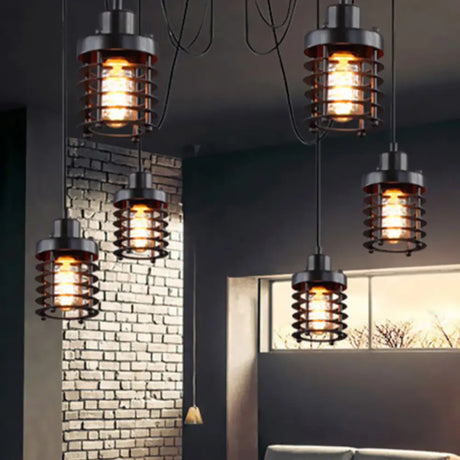 Farmhouse Style 6-Light Black Iron Ceiling Fixture With Cylinder Cage Shade And Spider Design