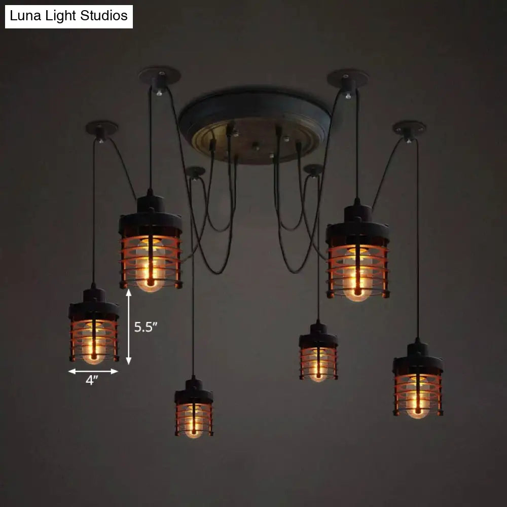 Farmhouse Style 6-Light Black Iron Ceiling Fixture With Cylinder Cage Shade And Spider Design