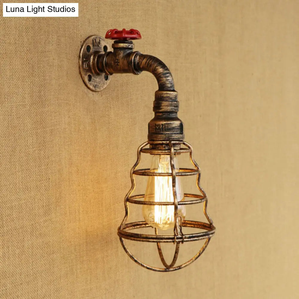 Farmhouse Style Aged Bronze Iron Wall Sconce: Head Cage Bulb Shaped Lamp With Valve Wheel