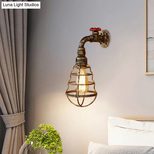 Farmhouse Style Aged Bronze Iron Wall Sconce: Head Cage Bulb Shaped Lamp With Valve Wheel