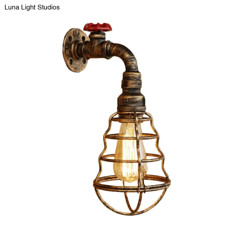 Farmhouse Style Aged Bronze Iron Wall Sconce: Head Cage Bulb Shaped Lamp With Valve Wheel