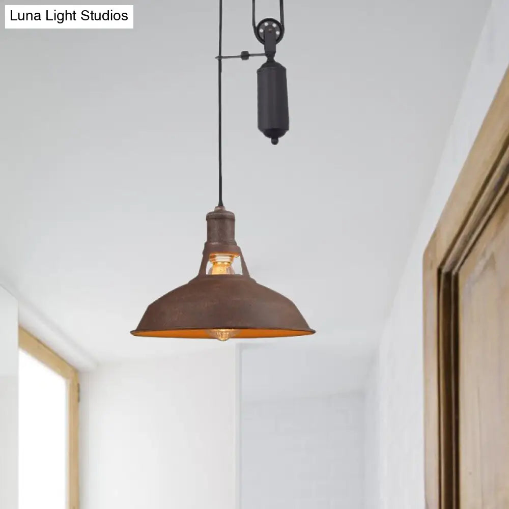 Farmhouse Style Ceiling Barn Pendant Lamp - Rustic Metallic Hanging Light With Pulley For Bedroom