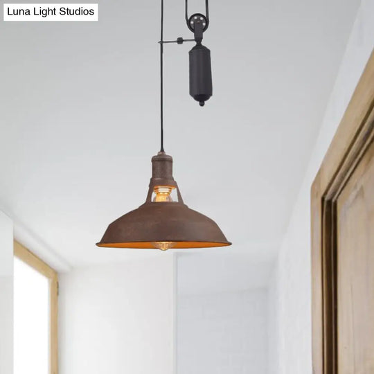 Farmhouse Style Ceiling Barn Pendant Lamp - Rustic Metallic Hanging Light With Pulley For Bedroom