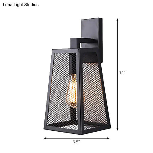 Farmhouse Style Black Mesh Cage Sconce Lamp With Trapezoid Shade - Indoor Wall Light Fixture