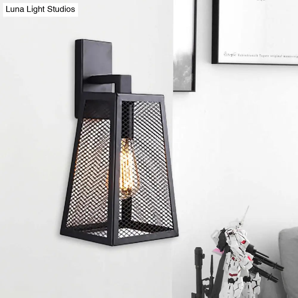 Farmhouse Style Black Mesh Cage Sconce Lamp With Trapezoid Shade - Indoor Wall Light Fixture