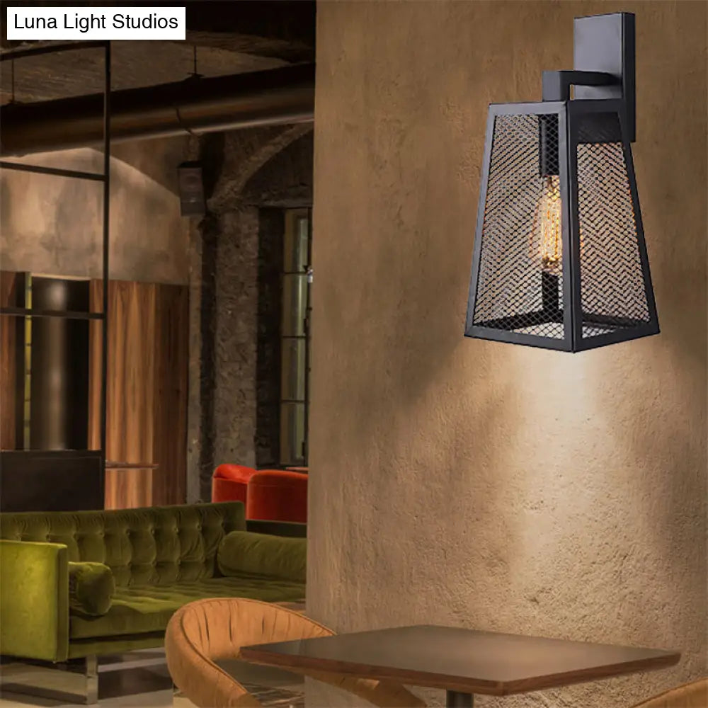 Farmhouse Style Black Mesh Cage Sconce Lamp With Trapezoid Shade - Indoor Wall Light Fixture