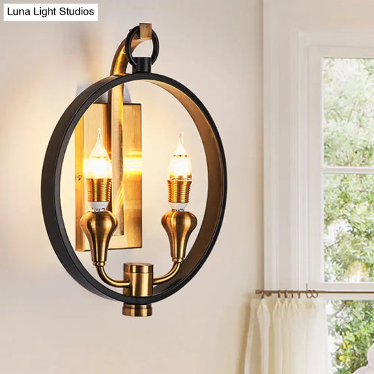 Farmhouse Style Black Metal Ring Sconce - 2 Head Wall Mounted Lamp With Bare Bulb For Corridor