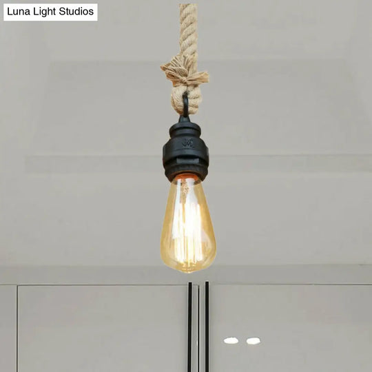 Farmhouse Style Black Finish Pendant Lighting - Metal And Rope Accentuates Exposed Bulb