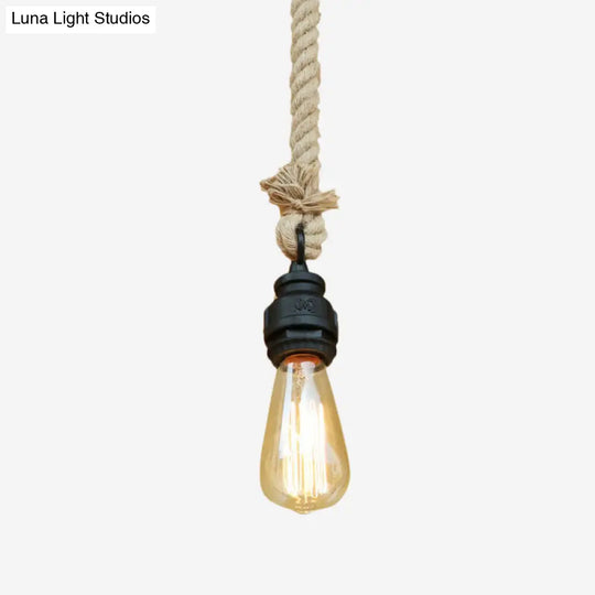 Farmhouse Style Black Finish Pendant Lighting - Metal And Rope Accentuates Exposed Bulb