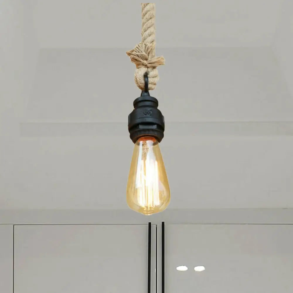 Farmhouse Style Black Metal & Rope Pendant Light With Exposed Bulb